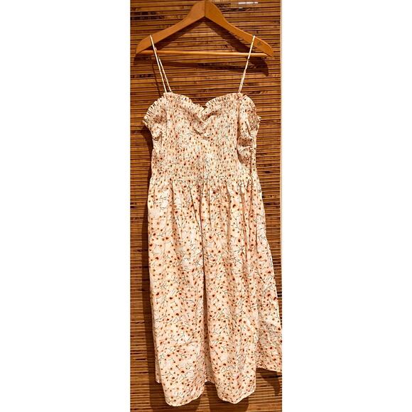 H&M XXL Dress Floral Smocked Midi Pink Peach Print Cotton Detachable Straps - Picture 2 of 6